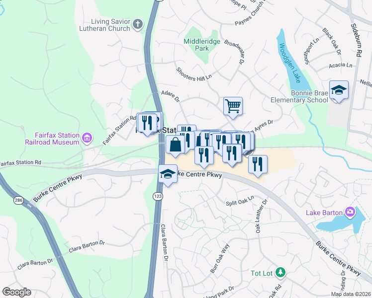 map of restaurants, bars, coffee shops, grocery stores, and more near 5661 Burke Centre Parkway in Fairfax Station