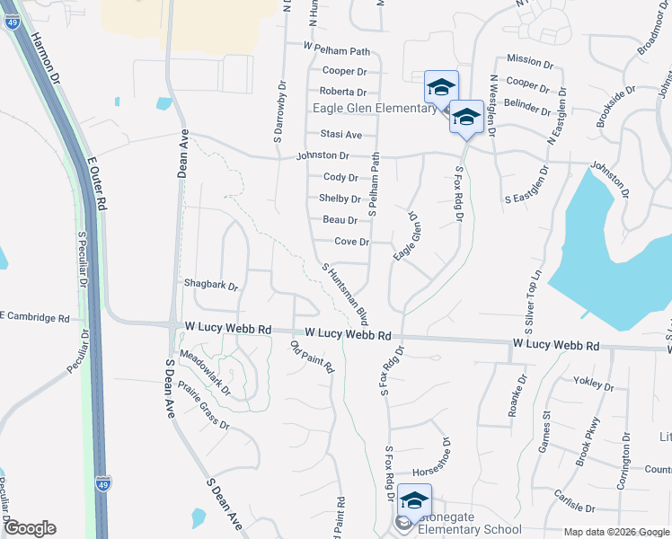 map of restaurants, bars, coffee shops, grocery stores, and more near 409 South Huntsman Boulevard in Raymore