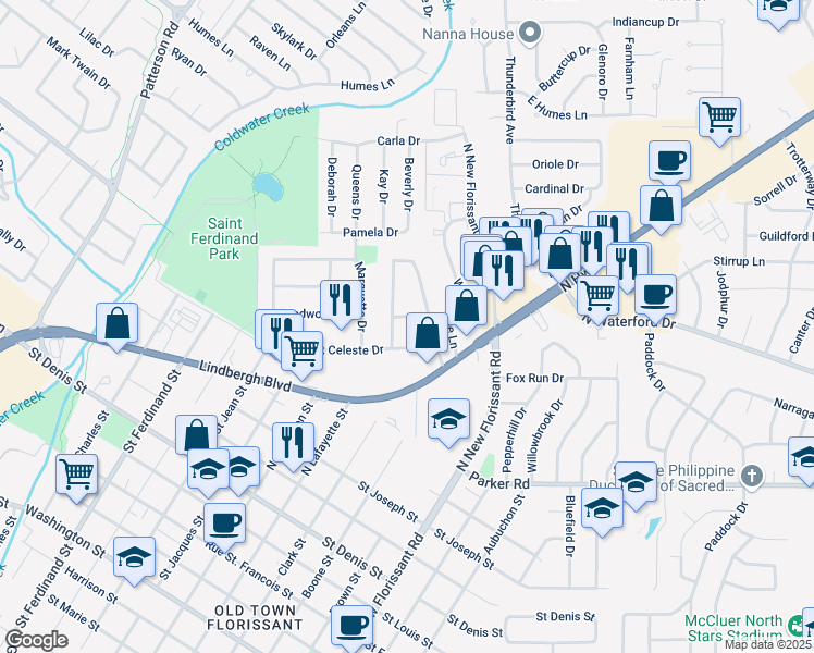 map of restaurants, bars, coffee shops, grocery stores, and more near 1130 Sansu Lane in Florissant