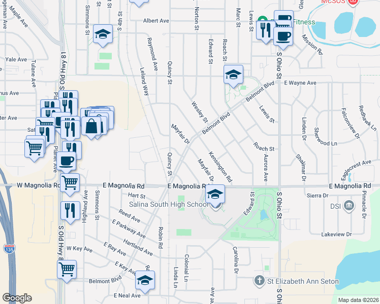 map of restaurants, bars, coffee shops, grocery stores, and more near 2306 Mayfair Drive in Salina