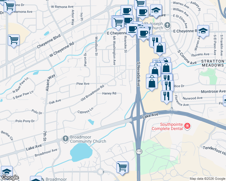 map of restaurants, bars, coffee shops, grocery stores, and more near 2185 Broadmoor Road Circle in Colorado Springs
