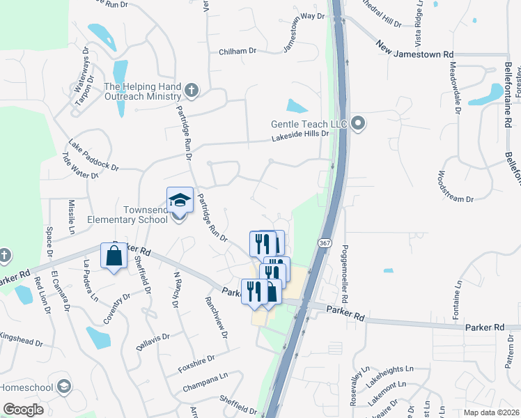 map of restaurants, bars, coffee shops, grocery stores, and more near 6836 Trois Court in Florissant