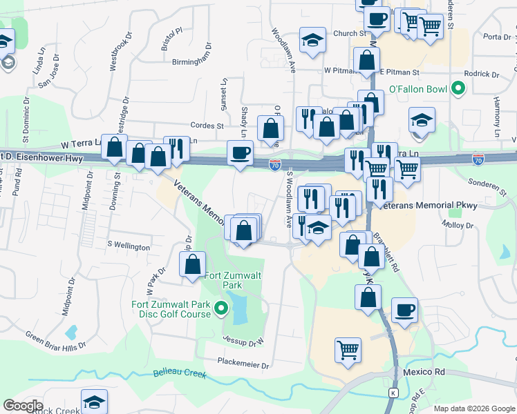 map of restaurants, bars, coffee shops, grocery stores, and more near 237 Woodbury Place Circle in O'Fallon