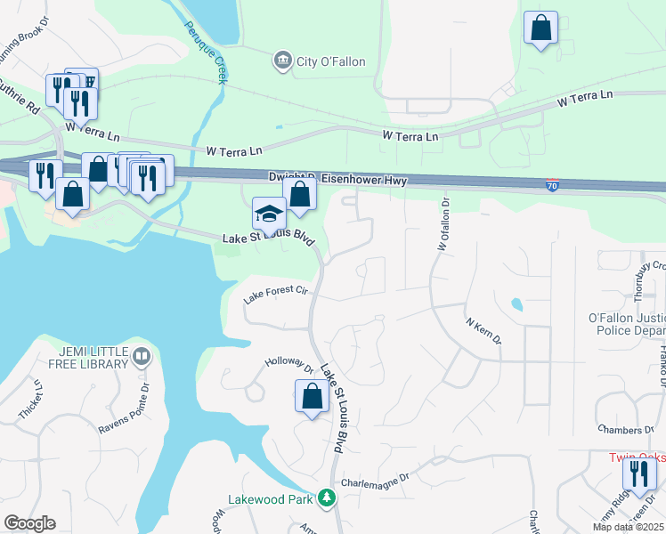 map of restaurants, bars, coffee shops, grocery stores, and more near 283 Bent Oak Drive in Lake Saint Louis