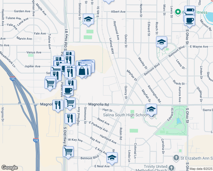 map of restaurants, bars, coffee shops, grocery stores, and more near 22 Chapel Ridge Place in Salina