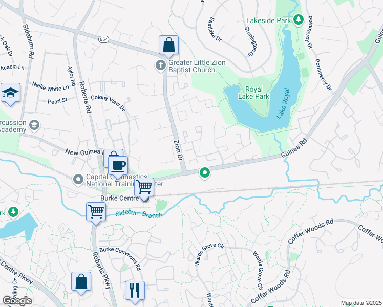 map of restaurants, bars, coffee shops, grocery stores, and more near 5505 Akridge Court in Fairfax
