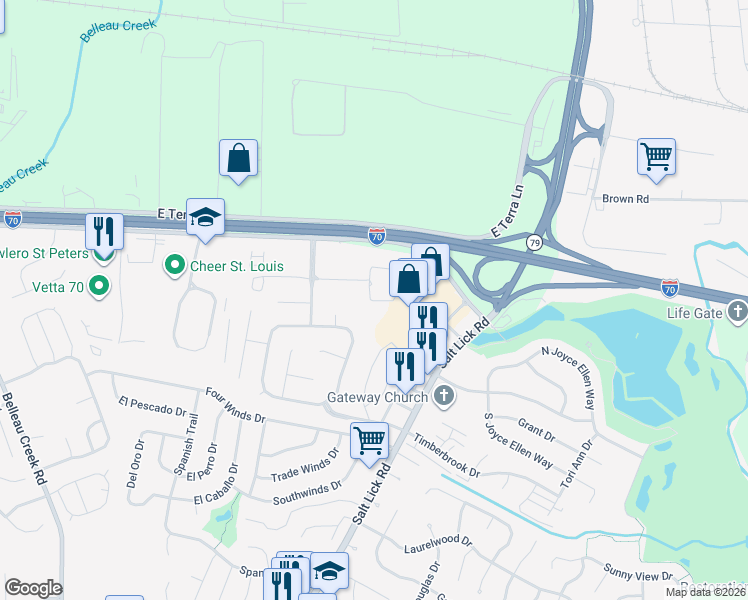 map of restaurants, bars, coffee shops, grocery stores, and more near 1010 Aventura Way in Saint Peters