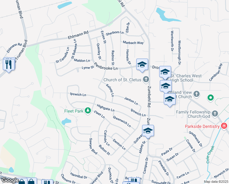 map of restaurants, bars, coffee shops, grocery stores, and more near 2616 Kelsey Lane in Saint Charles