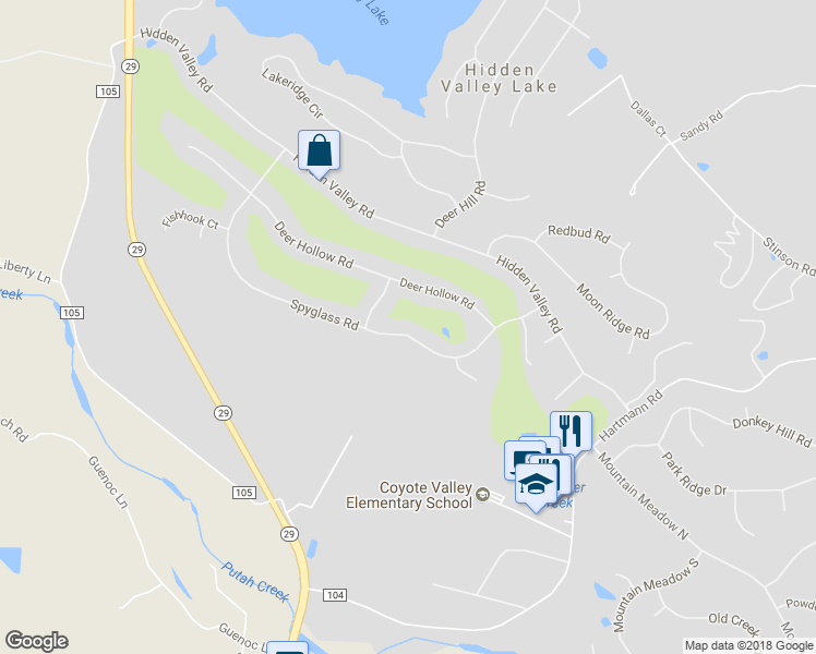 map of restaurants, bars, coffee shops, grocery stores, and more near 18770 Spyglass Road in Hidden Valley Lake
