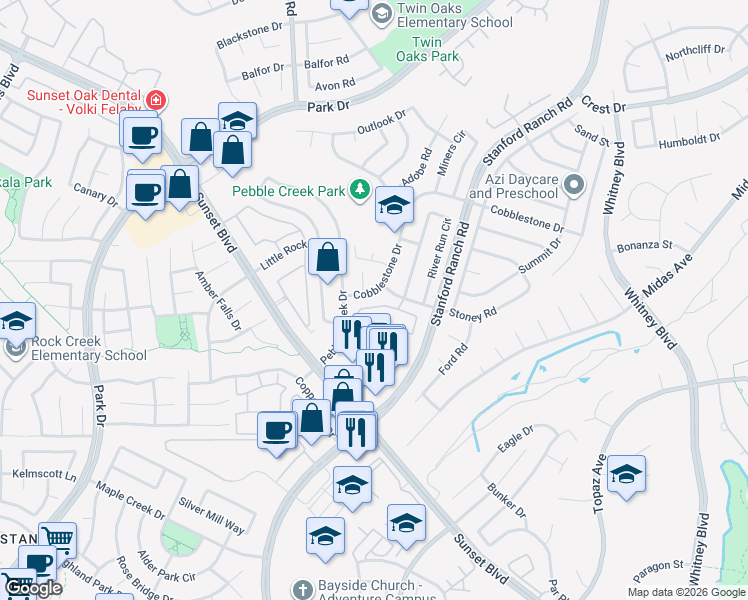 map of restaurants, bars, coffee shops, grocery stores, and more near 1405 Gold Circle in Rocklin