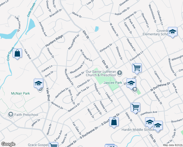 map of restaurants, bars, coffee shops, grocery stores, and more near 3 Prestbury Court in Saint Charles