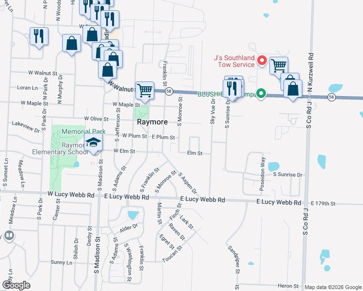 map of restaurants, bars, coffee shops, grocery stores, and more near 401 Monroe Street in Raymore