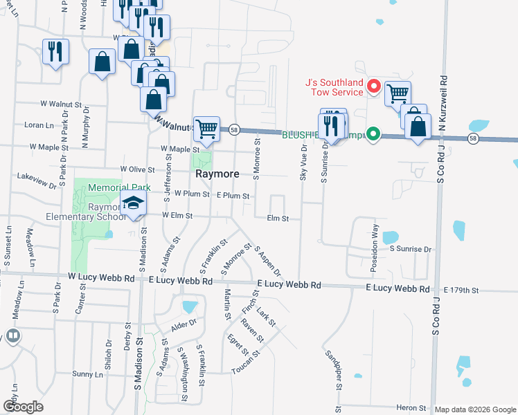 map of restaurants, bars, coffee shops, grocery stores, and more near 401 Monroe Street in Raymore