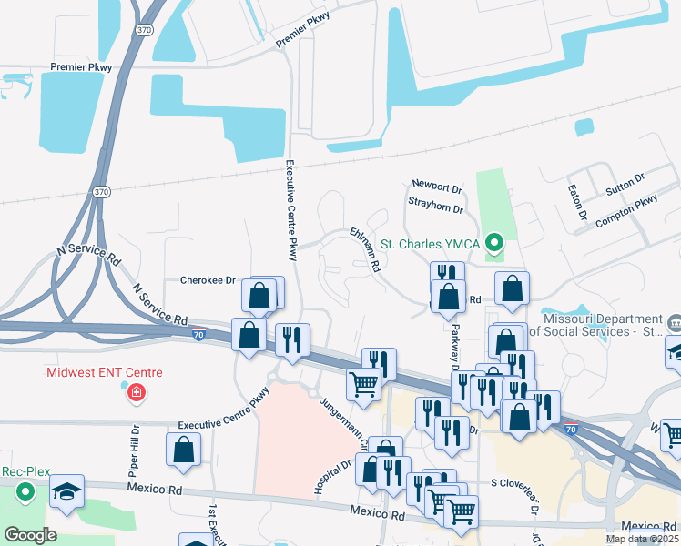 map of restaurants, bars, coffee shops, grocery stores, and more near 300 Turnberry Place in Saint Peters