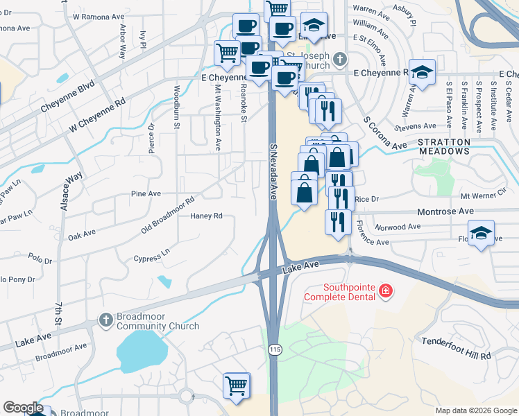 map of restaurants, bars, coffee shops, grocery stores, and more near 2145 Glenhill Road in Colorado Springs