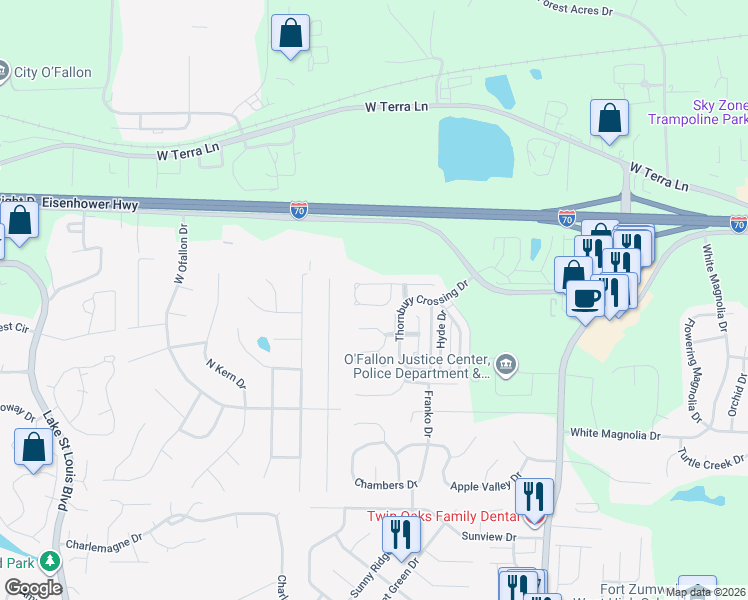 map of restaurants, bars, coffee shops, grocery stores, and more near 226 Tyndale Drive in O'Fallon