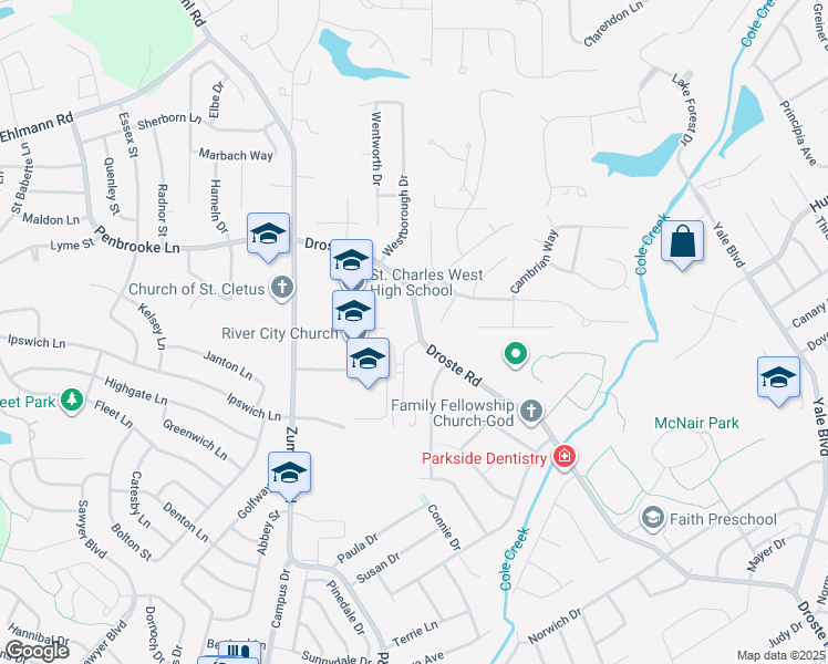map of restaurants, bars, coffee shops, grocery stores, and more near 3401 Droste Road in Saint Charles