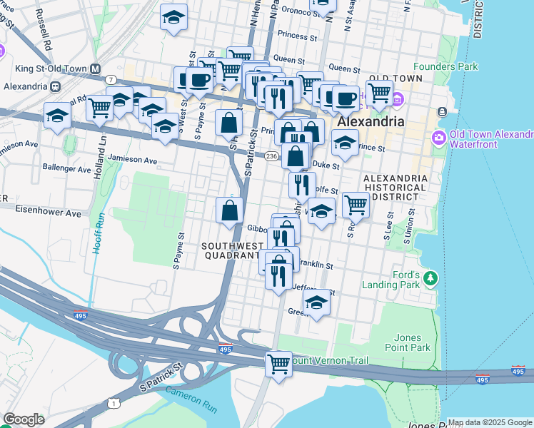 map of restaurants, bars, coffee shops, grocery stores, and more near 500 South Alfred Street in Alexandria