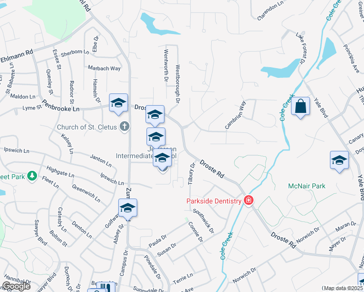 map of restaurants, bars, coffee shops, grocery stores, and more near 3401 Droste Road in Saint Charles