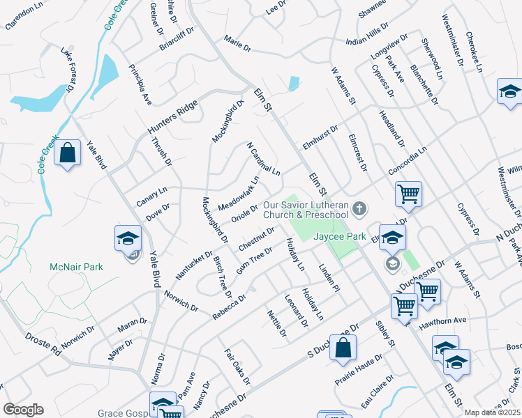 map of restaurants, bars, coffee shops, grocery stores, and more near 212 Oriole Drive in Saint Charles