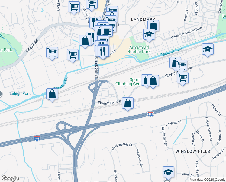 map of restaurants, bars, coffee shops, grocery stores, and more near 5817 Summers Grove Road in Alexandria