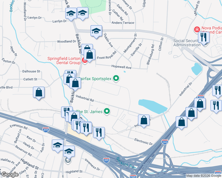 map of restaurants, bars, coffee shops, grocery stores, and more near 6885 Commercial Drive in Springfield
