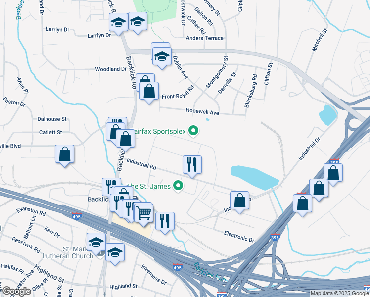 map of restaurants, bars, coffee shops, grocery stores, and more near 6885 Commercial Drive in Springfield