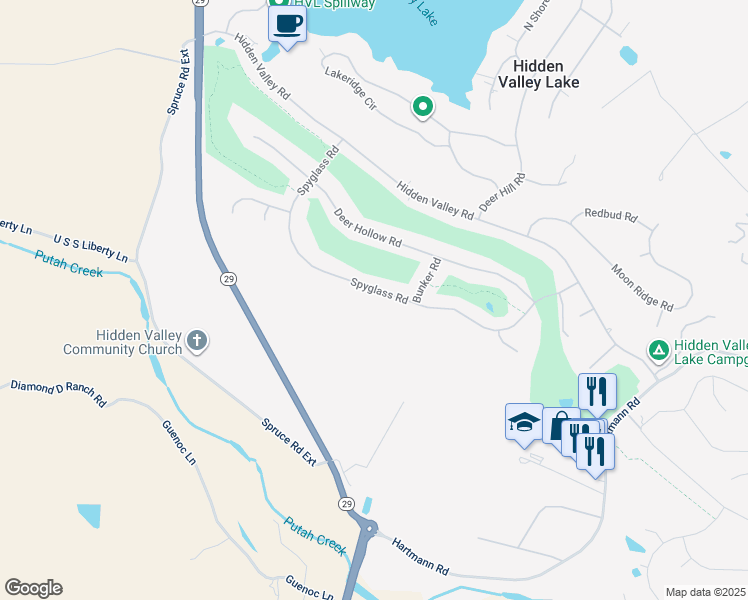 map of restaurants, bars, coffee shops, grocery stores, and more near 18537 Spyglass Road in Hidden Valley Lake