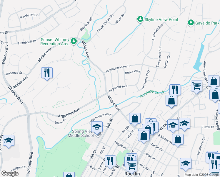 map of restaurants, bars, coffee shops, grocery stores, and more near 3505 Argonaut Avenue in Rocklin