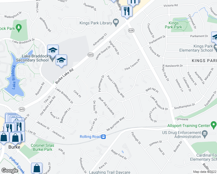 map of restaurants, bars, coffee shops, grocery stores, and more near 5423 Mount Lookout Court in Burke