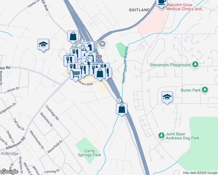 map of restaurants, bars, coffee shops, grocery stores, and more near 6504 Old Branch Avenue in Camp Springs