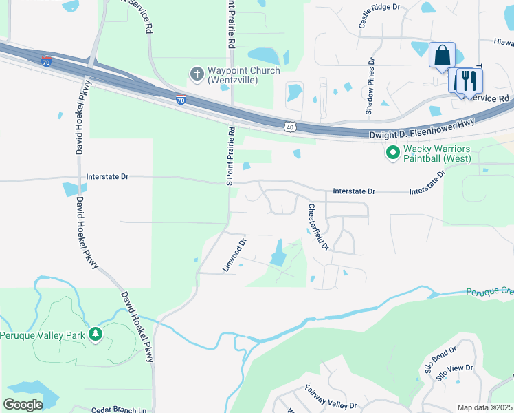 map of restaurants, bars, coffee shops, grocery stores, and more near 26 Chesterfield Court in Wentzville