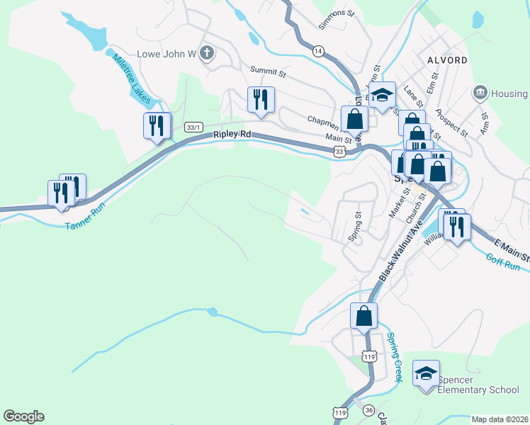 map of restaurants, bars, coffee shops, grocery stores, and more near 199 Water Street in Spencer