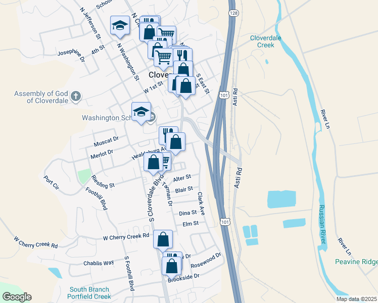 map of restaurants, bars, coffee shops, grocery stores, and more near 11 Clark Avenue in Cloverdale