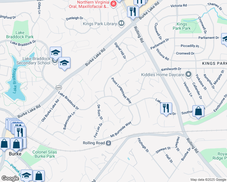 map of restaurants, bars, coffee shops, grocery stores, and more near 5423 Mount Lookout Court in Burke