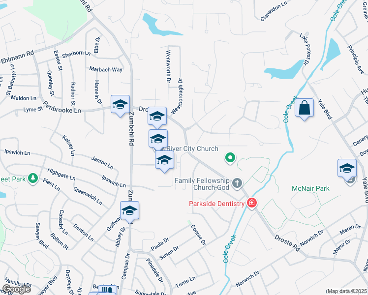 map of restaurants, bars, coffee shops, grocery stores, and more near 3401 Droste Road in Saint Charles