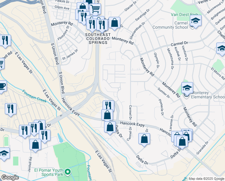 map of restaurants, bars, coffee shops, grocery stores, and more near 2754 Winterbourne Street in Colorado Springs