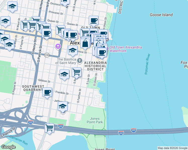 map of restaurants, bars, coffee shops, grocery stores, and more near 10 Potomac Court in Alexandria