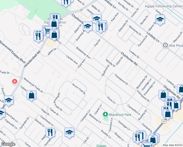 map of restaurants, bars, coffee shops, grocery stores, and more near 1525 Layven Avenue in Florissant