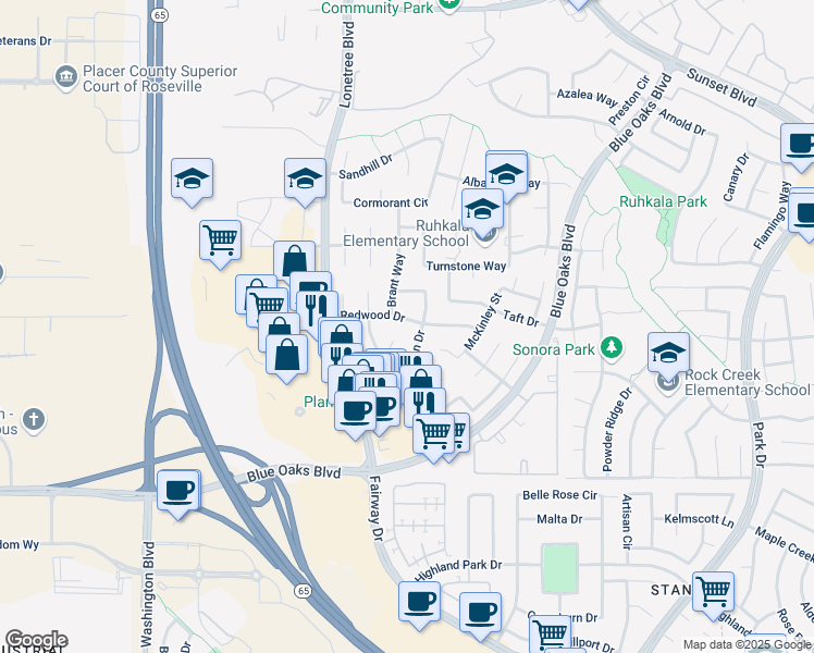 map of restaurants, bars, coffee shops, grocery stores, and more near 1424 Redwood Drive in Rocklin