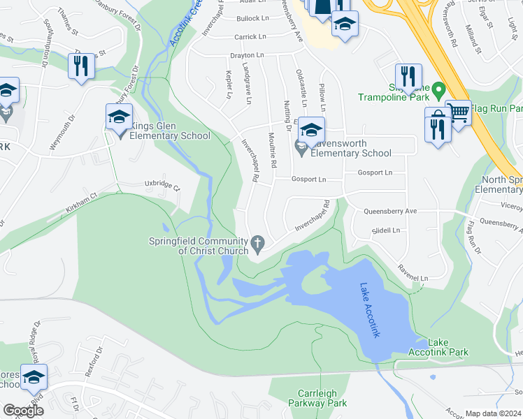 map of restaurants, bars, coffee shops, grocery stores, and more near 5509 Moultrie Road in Springfield