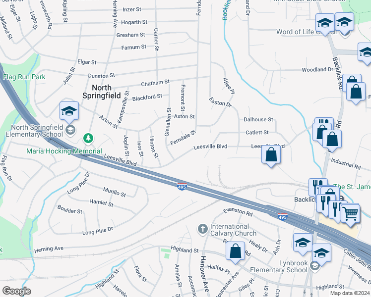 map of restaurants, bars, coffee shops, grocery stores, and more near 7314 Leesville Boulevard in Springfield