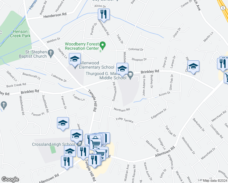 map of restaurants, bars, coffee shops, grocery stores, and more near 6503 Summerhill Road in Temple Hills