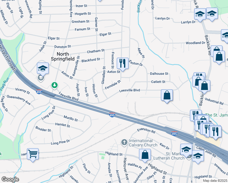 map of restaurants, bars, coffee shops, grocery stores, and more near 7314 Leesville Boulevard in Springfield
