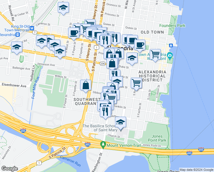 map of restaurants, bars, coffee shops, grocery stores, and more near 712 Wilkes Street in Alexandria