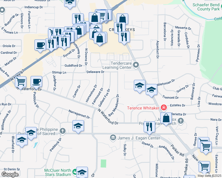 map of restaurants, bars, coffee shops, grocery stores, and more near 1630 Gallant Fox Drive in Florissant