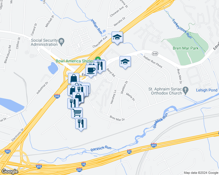 map of restaurants, bars, coffee shops, grocery stores, and more near 5602 Bloomfield Drive in Alexandria