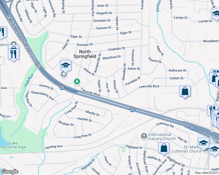 map of restaurants, bars, coffee shops, grocery stores, and more near 5508 Ivor Street in Springfield