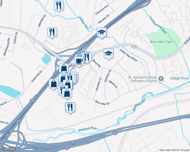 map of restaurants, bars, coffee shops, grocery stores, and more near 5602 Bloomfield Drive in Alexandria