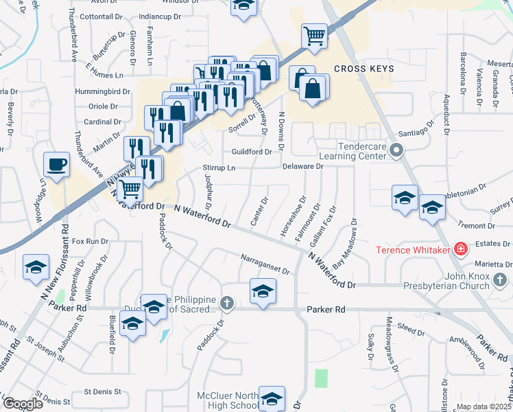 map of restaurants, bars, coffee shops, grocery stores, and more near 1625 Canter Drive in Florissant